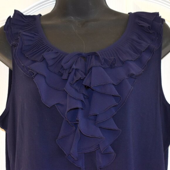 LAUREN RALPH LAUREN WOMEN'S SLEEVELESS NAVY BLUE RAYON RUFFLE BLOUSE LARGE, NWT - Picture 3 of 13